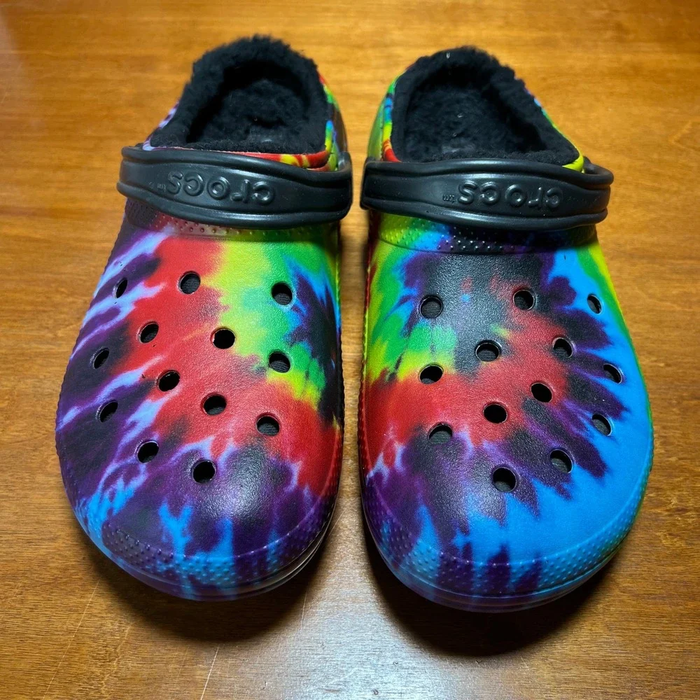 Crocs Classic Lined Clog Mens 12 Multi Tie Dye Faux Fur Lined Comfort Shoes